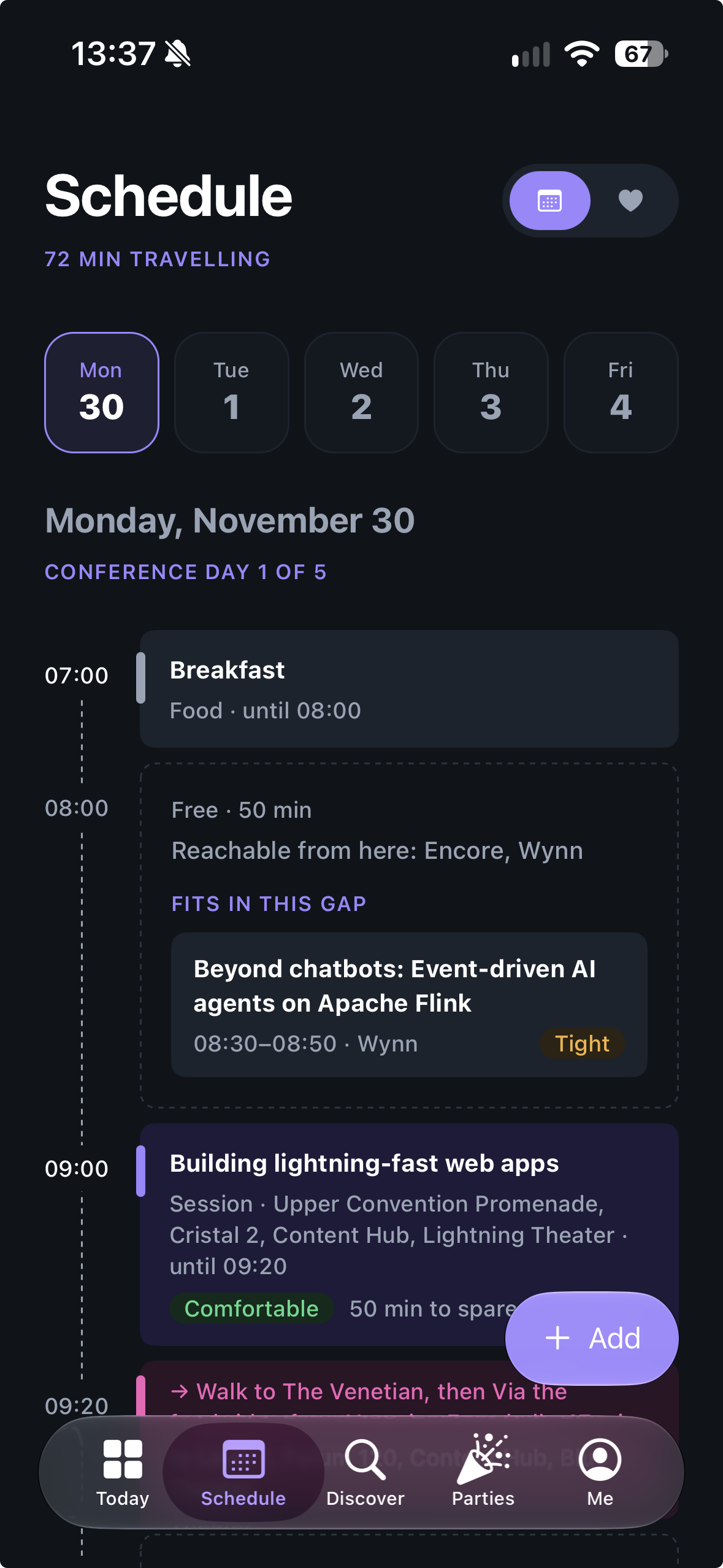 The SessionStack schedule: a re:Invent day as a timeline, with the walk between blocks